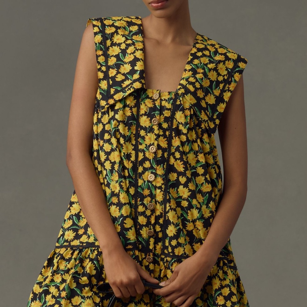 Anthropologie Maeve Poplin Yellow & Black Floral Mini Dress